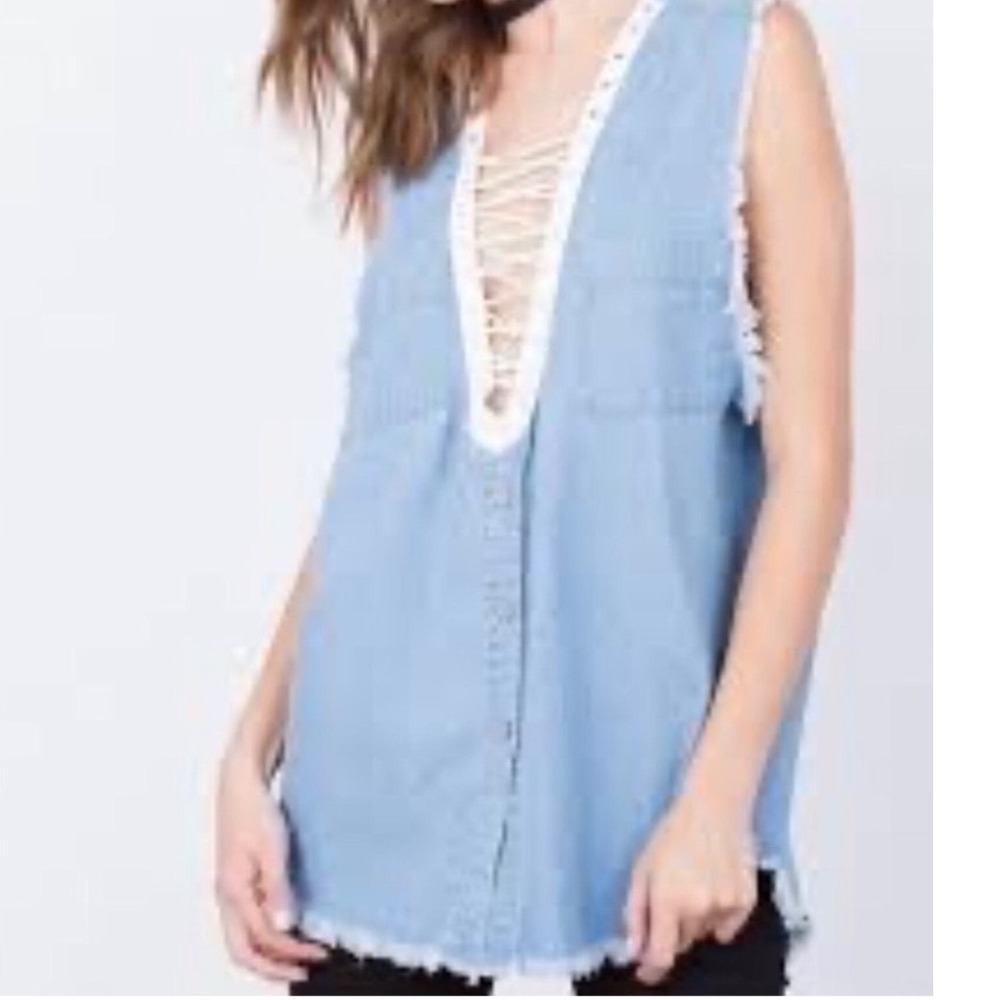 Furst of a Kind Denim Lace-Up Vest Top Distressed Boho Western